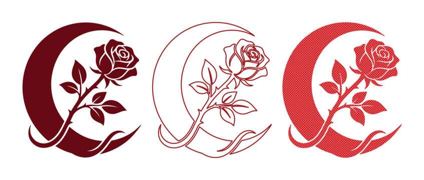 Mystical rose and crescent moon vector set, celestial floral icons in burgundy and red, elegant botanical moon silhouettes for occult branding