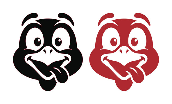Funny turkey mascot head vector illustration, goofy thanksgiving bird cartoon character, silly turkey face with tongue out in black and red