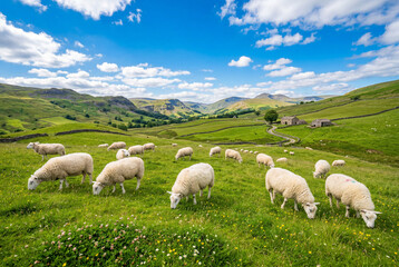 Obraz premium Flock of sheep grazing peacefully on a vibrant green hillside under a bright summer sky