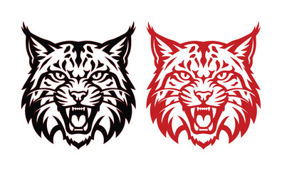 Fototapeta premium Bobcat mascot head vector set, aggressive lynx face illustration in black and red, wild cat sports logo icons for team branding and apparel