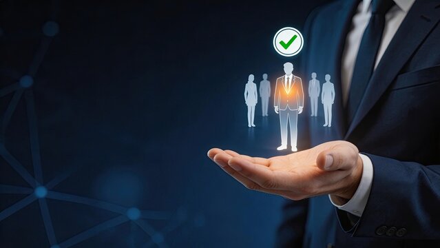 Businessman selecting best candidate from group with green checkmark digital hiring concept recruitment process HR management talent acquisition corporate selection employee