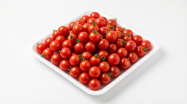 Fresh red cherry tomatoes in a white styrofoam tray isolated on white background.