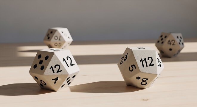 A close-up view of unusual 12 sided dice featuring unique numeric patterns resting on a wooden surface in a clean modern tabletop gaming environment