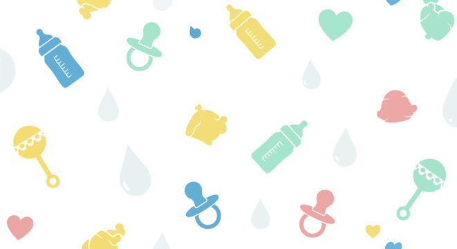 Pastel baby icons pattern with bottles pacifiers and rattles.