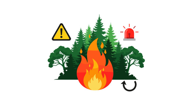 Vibrant flames erupt amidst verdant trees, accompanied by a warning sign and emergency siren, conveying a forest fire disaster concept, rendered in a clean, scalable vector