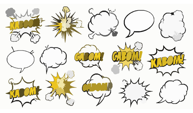 Comic speech bubbles collection with kaboom pop and surprise effects black yellow doodle vector set
