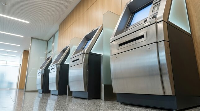 Low angle composition of a row of generic ATM units in a spotless modern space