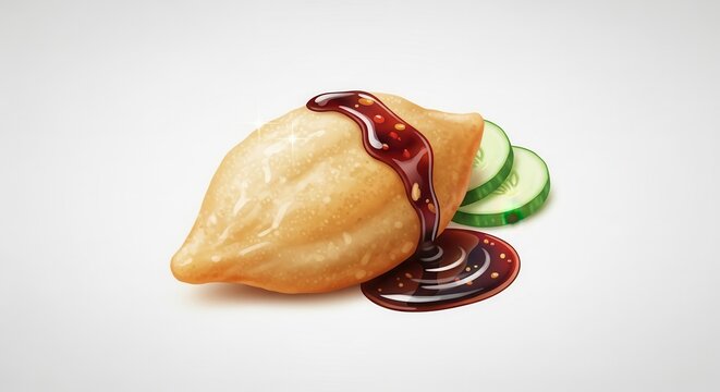 Exquisite golden fried pastry with savory dark sauce and fresh cucumber slices on white