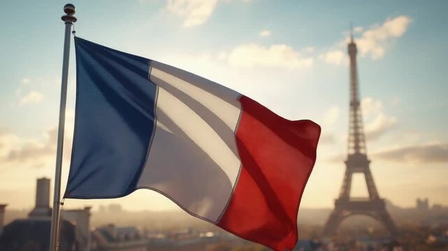 French Flag Near Eiffel Tower at Dawn Celebrating National Independence