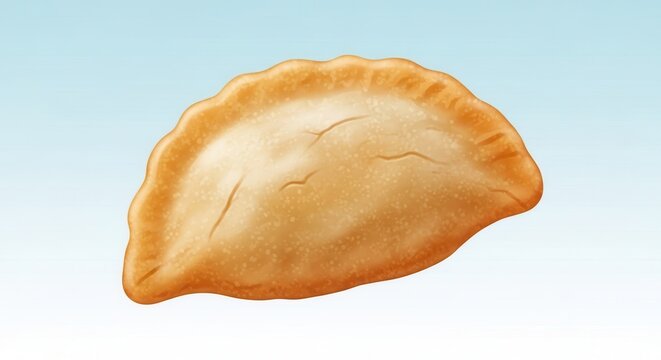 Stylized Golden Brown Fried Pastry Delicacy with Scalloped Edge against a Soft Blue Background