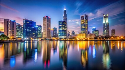 Obraz premium A photo of Ho Chi Minh City skyline at night with bright lights illuminating the buildings and rivers The citys iconic towers stand tall against the