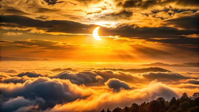 A photo of a partial solar eclipse on October 25th The sun is partially obscured by the moon, casting a golden glow over the landscape Rays of sunli