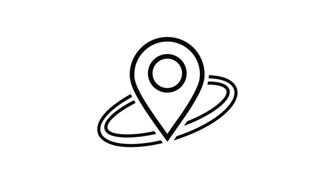 Simple line icon of a location map pin surrounded by a horizontal circular ring symbolizing a specific area or radius point.