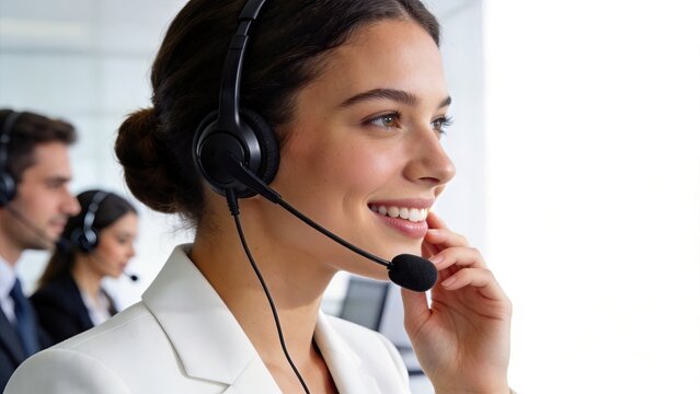 Smiling female customer service agent wearing headset in busy call center professional business woman with microphone corporate support staff telephone operator friendly employee