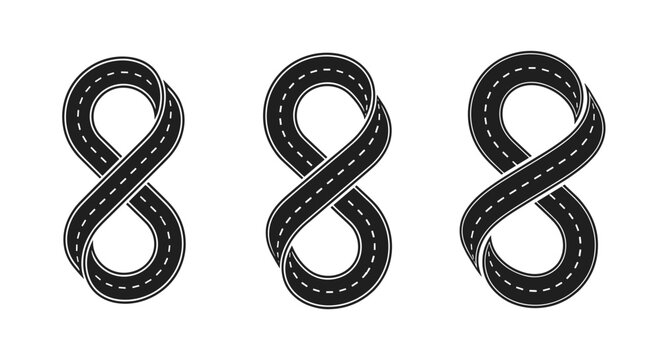 Three variations of infinity symbols designed to look like asphalt roads with dashed white lane markings on white background.