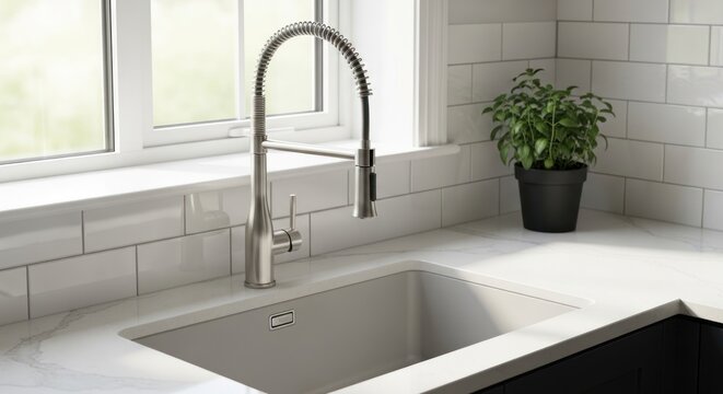 Modern kitchen sink with pull-down faucet and white subway tile backsplash.