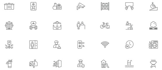  Building Amenities line editable icon set. Containing Building, Facilities, elevator, security, reception, parking, gym and more. Editable stroke. © Iconic Lines Lab