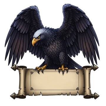 A large black eagle with spread wings perched on a scroll
