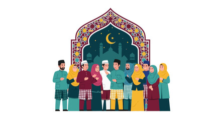 A diverse group of Muslim people stands together in front of a mosque silhouette with a crescent moon, depicted in a colorful, flat vector illustration against a clean white background © Anggita