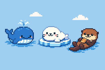 Naklejka premium Cute Pixel Art Marine Animals Set Featuring a Blue Whale Spouting Water, a White Seal Pup on an Ice Floe, and a Brown Sea Otter Floating in the Ocean, Retro 8-bit Style Vector Illustration