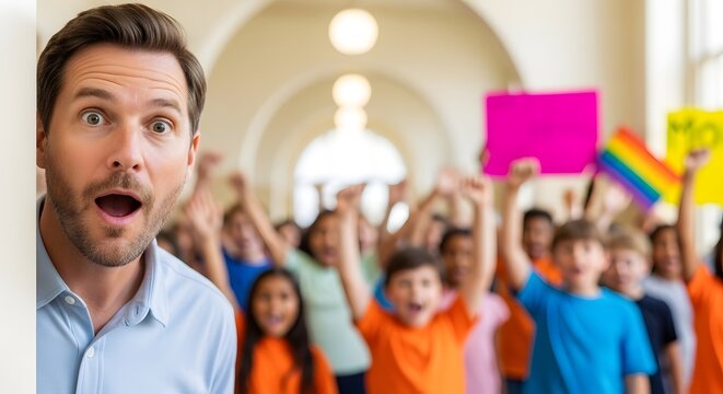 Surprised teacher peeking around a corner in a school hallway with a diverse group of students cheering in the background