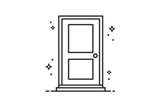 Minimalist Entrance Door Icon Vector Illustration, Modern Outline Design of a Front Door with Panels and Doorknob, Isolated Graphic Element for Home Architecture, Real Estate, and Web Interface