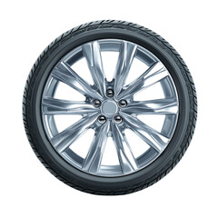 Obraz premium A shiny alloy wheel with a black tire is shown on a white background