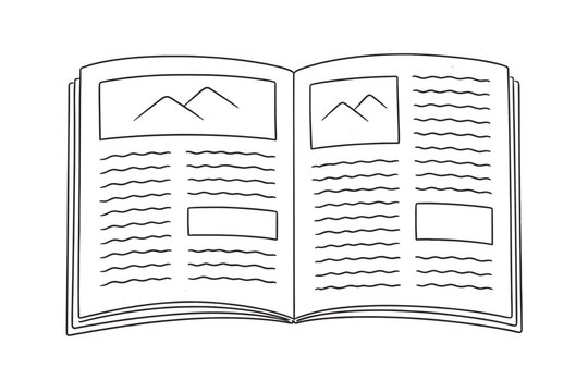 Hand drawn open newspaper or magazine illustration with abstract text and mountain image placeholders. Minimalist vector sketch of a journal layout for editorial design, news, and media concepts.
