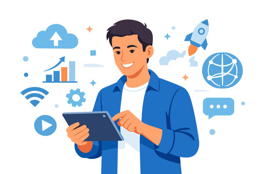 Smiling Young Man Holding and Using a Tablet Computer with Modern Technology Icons Like Rocket, Cloud, Globe, and Charts. Flat Vector Illustration for Business, Startup, and Digital Lifestyle.