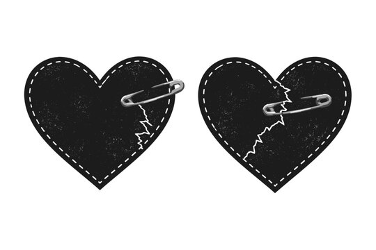Two black textured heart shapes with white stitched borders and silver safety pins mending jagged cracks, representing emotional pain, heartbreak, and healing in a grunge flat vector illustration.