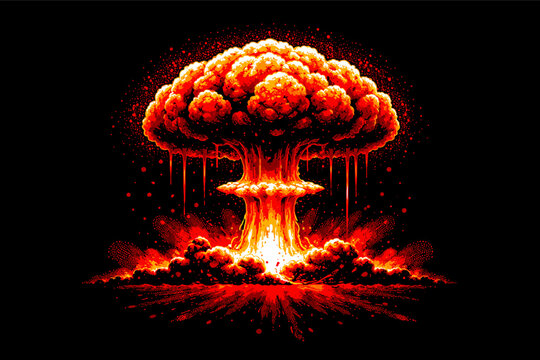 Pixel art vector illustration of a bloody nuclear mushroom cloud with halftone effect on black background. Dramatic atomic explosion for anti-war posters, gaming, and apocalyptic concept art.