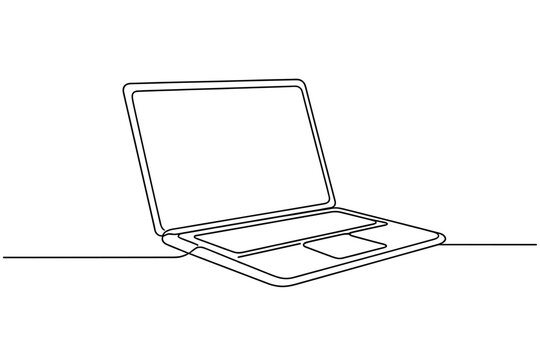 Continuous line drawing of a laptop computer, minimalist line art vector illustration of a modern notebook PC for business, technology, and education concepts, simple black and white sketch.
