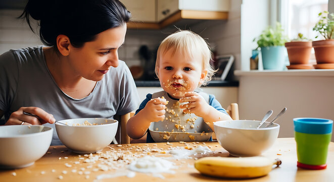 A mother watches her messy baby eating breakfast at a kitchen table.