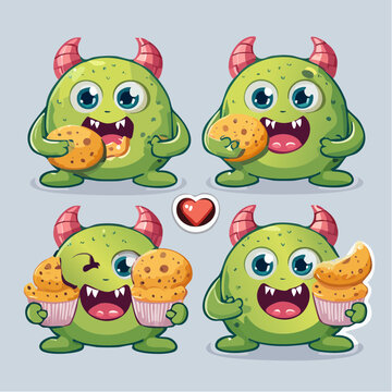 Cute Green Cookie Monster Vector Illustration Set with Various Happy Expressions and Sweet Snacks