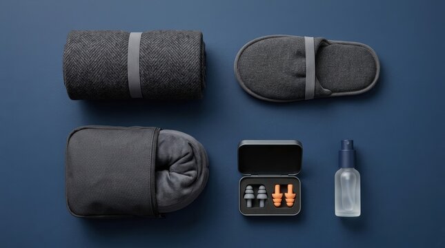 Organized toolkit for comfortable red - eye flights with blanket, slippers, earplugs, pouch, spray
