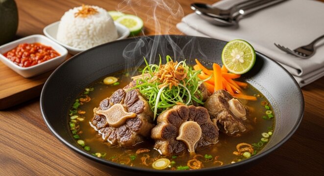 Steaming Indonesian oxtail soup, Sop Buntut, tender beef, rich broth, fresh garnishes. Served with white rice and spicy chili for authentic comfort