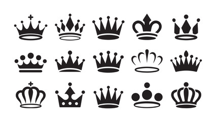 Black crown icons set vector illustration design for royal king and queen head jewelry silhouette.