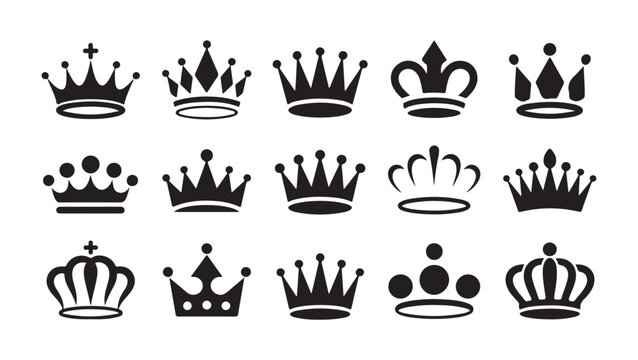 Black crown icons set vector illustration design for royal king and queen head jewelry silhouette.