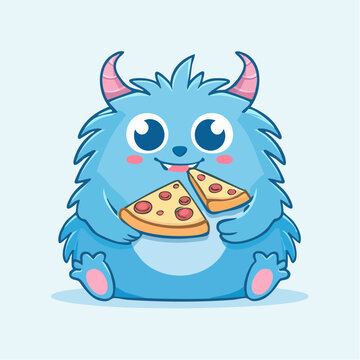 Kawaii Blue Monster Character Eating Pizza Illustration Cookie Monster Vector Design Element