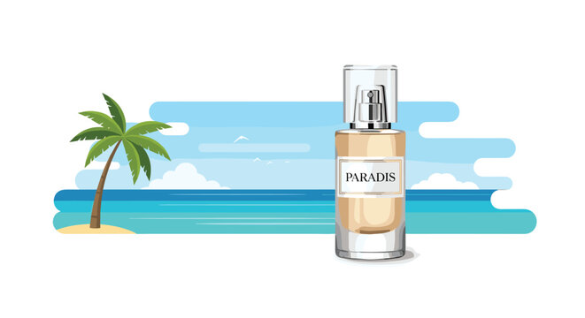 Elegant glass perfume bottle labeled Paradis sits next to a single tropical palm tree on a stylized blue beach background with soft summer atmosphere.