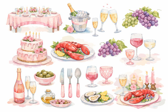 Whimsical watercolor dinner party collection with pastel pink accents: tables , champagne, cake, grapes, lobster, olives, cutlery, and glassware. Ideal for invitations, restaurant menu