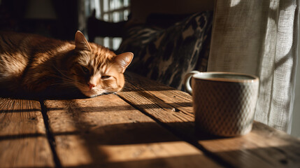 Fototapeta premium Ginger tabby cat stretching on wooden table with morning light and coffee mug
