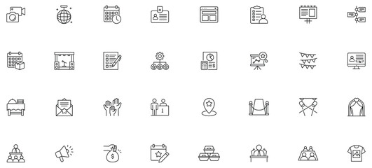 Fototapeta premium Event planning line editable icon set. Contain icons related to event organization, celebration, party, wedding, management, and more. Editable stroke.