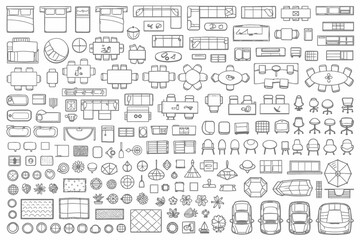 Top view architectural furniture symbols set. 2D CAD plan vector icons for interior design and floor plans © Alomgir