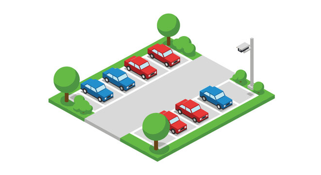 Parking lot area displays red and blue cars green trees and a security camera pole on a grey surface in a clean and detailed isometric perspective.