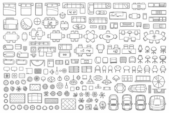 Top view architectural furniture symbols set. 2D CAD plan vector icons for interior design and floor plans
