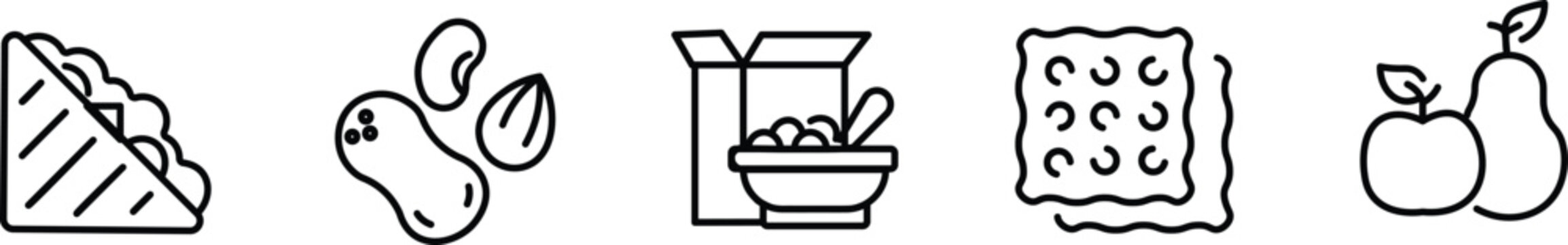 Healthy snack icons set, black line vector food elements, sandwich and nuts illustrations, cereal bowl and fruit icons for nutrition design