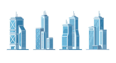 Obraz premium Four distinct high-rise office buildings with reflective glass facades and antenna tops stand in a clean flat isometric style against a white backdrop.