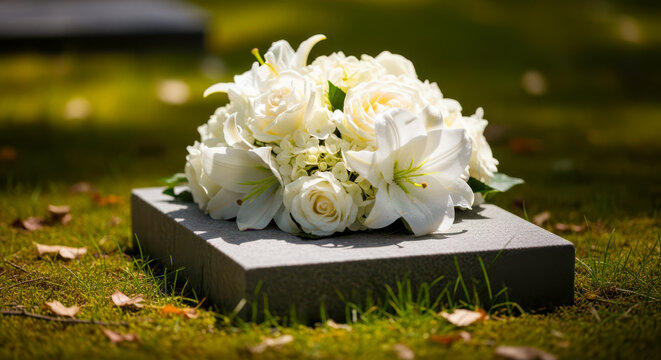Elegant grave monument adorned with white flowers in a serene outdoor setting