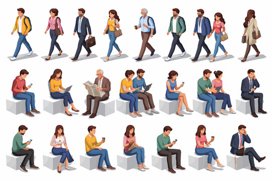 Isometric Vector People Set Featuring Walking and Sitting Figures with Shadows for Architectural Diagrams